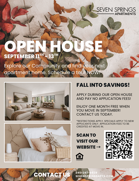 A poster advertising an open house event for Seven Springs Apartments, offering a month of free rent and no application fees for new applicants.