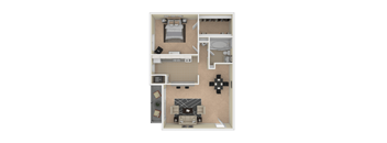 A dollhouse with a kitchen, living room, and dining area.
