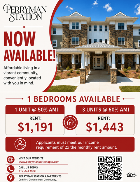 An advertisement for Perryman Station apartments, offering 1 bedroom at 50% AMI and 3 units at 60% AMI, with a requirement of 2x the monthly rent for income verification