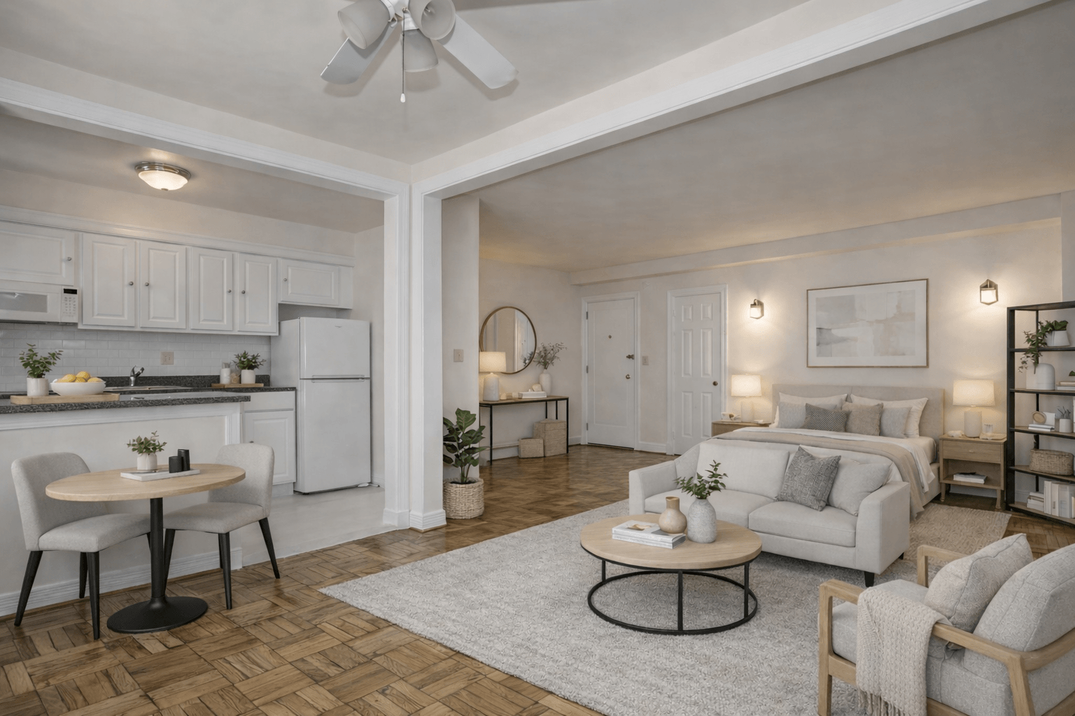 A modern living room with a dining table and a couch.