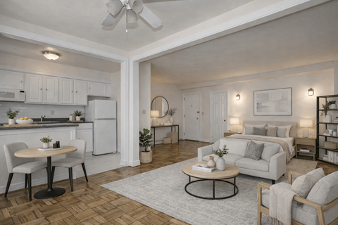 A modern living room with a dining table and a couch.