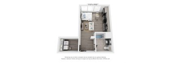 a stylized floor plan with a bedroom and a living room