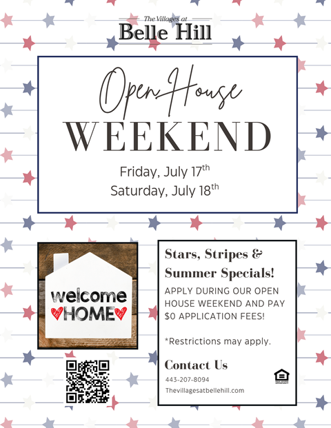 A poster advertises an Open House Weekend at The Villages at Belle Hill, featuring special summer specials.