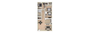 A floor plan of a house with a kitchen, living room, and two bedrooms.