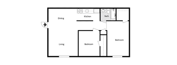 A floor plan of a small apartment with a living room, kitchen, dining area, and two bedrooms.