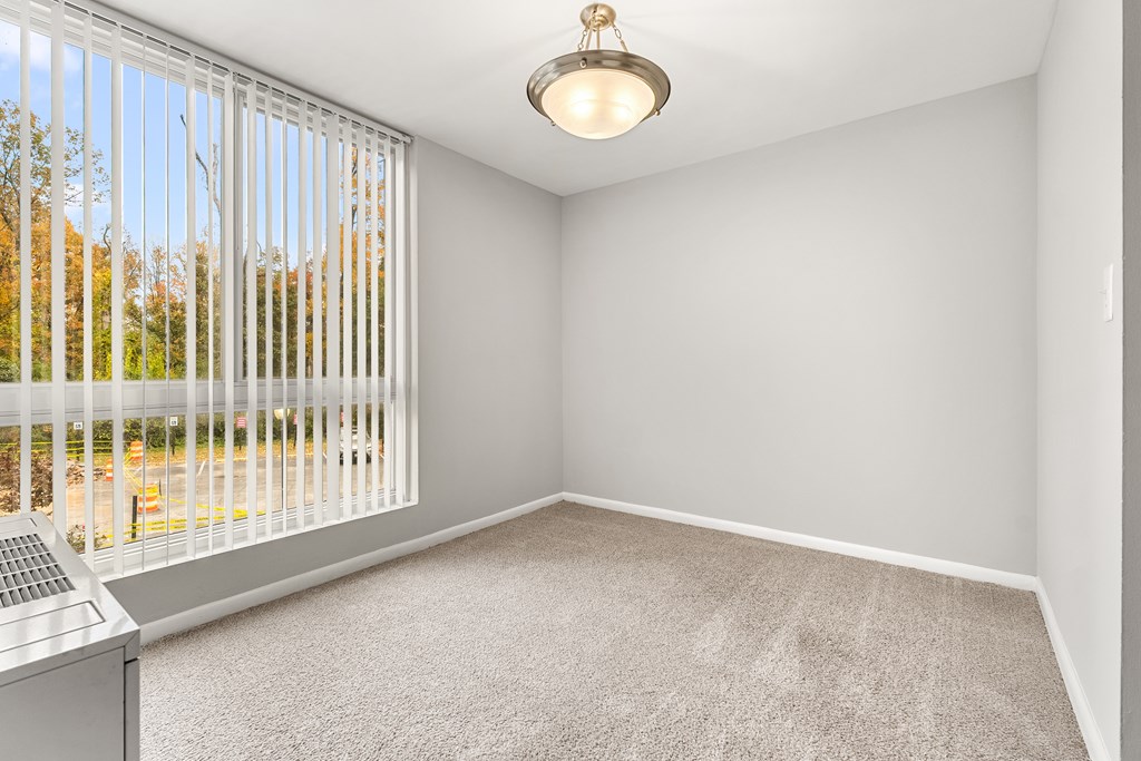 A room with a window covered by white blinds and a ceiling light.