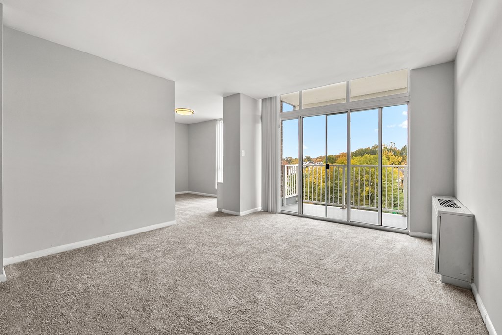 A room with a carpeted floor, a window with a view of trees, and a radiator on the wall.