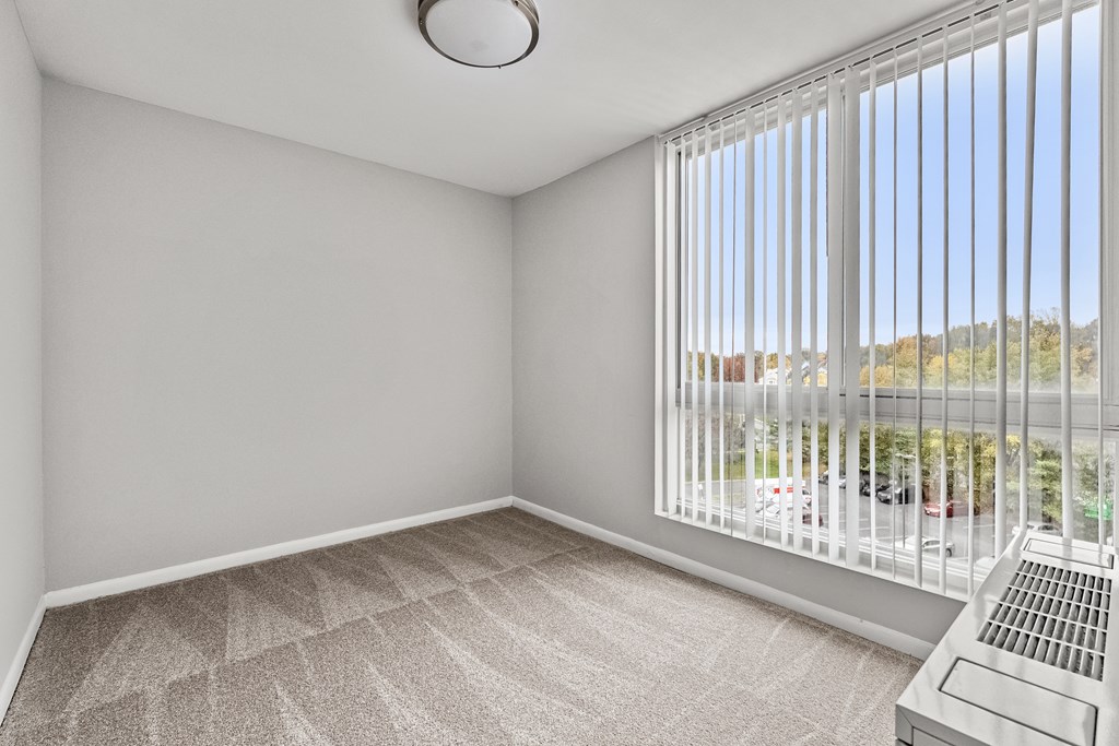 A room with a carpeted floor, a window with blinds, and a ceiling light.
