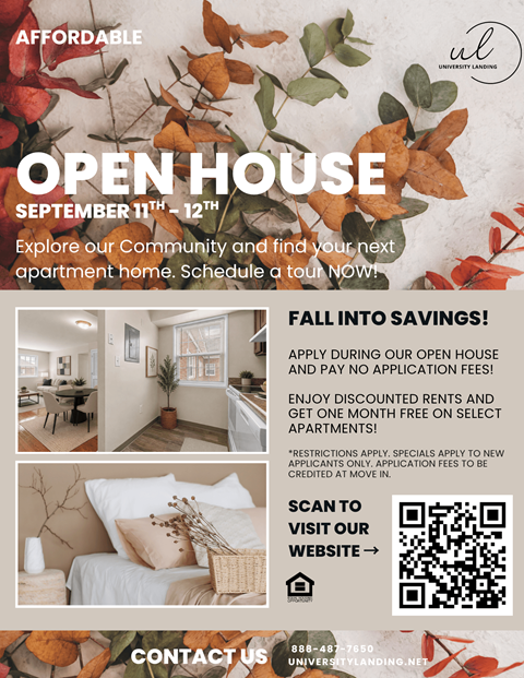 A flyer advertises an open house event for affordable apartments at the University Landing community, offering discounted rents and free move-in for those who apply during the open house.