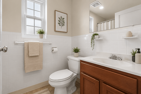 A white toilet sits in a bathroom with a white sink and a window.