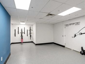 a large room with martial arts equipment on the wall at The James On Merrimac, Williamsburg, VA 23185