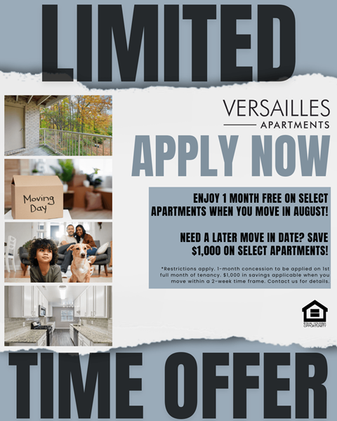 A flyer for Versailles Apartments advertising a limited time offer with a $1,000 discount on select apartments.