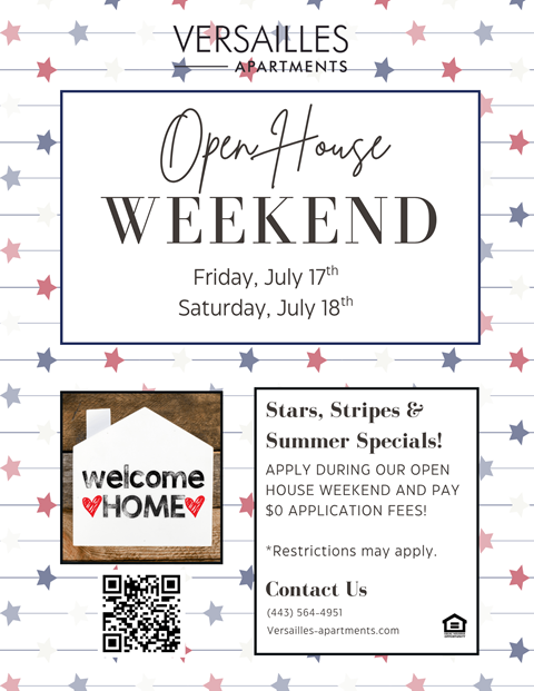 A flyer for an Open House Weekend at Versailles Apartments, featuring a QR code and contact information.
