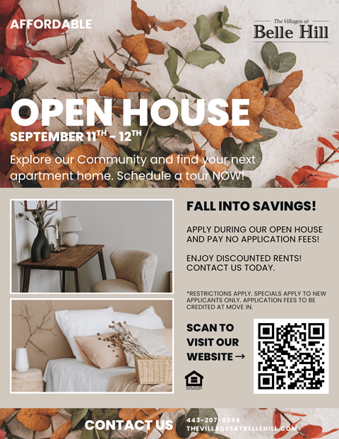 A poster advertising an open house event at Belle Hill, offering discounted rents and no application fees.
