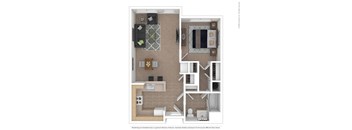 A floor plan of a small apartment with a kitchen, living room, and bathroom.