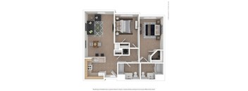 A floor plan of a small apartment with a kitchen, living room, and bathroom.