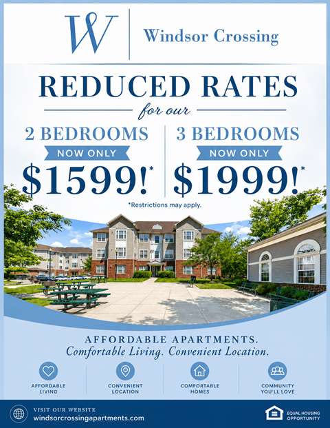 A poster advertising reduced rates for apartments at Windsor Crossing, with prices for 2 and 3 bedrooms.