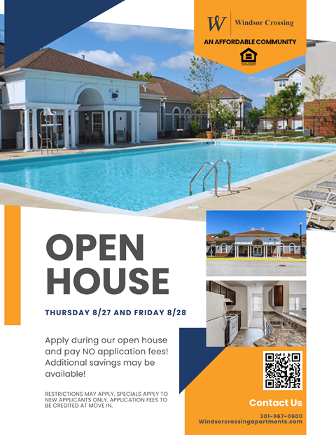 A flyer for an open house event at Windsor Crossing, an affordable community, is displayed.