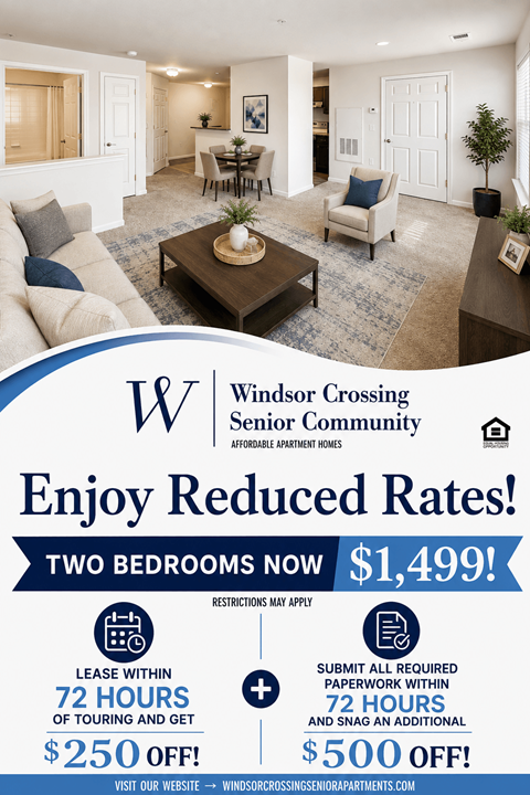 A poster advertising a senior community with a price of $1,499 for two bedrooms.