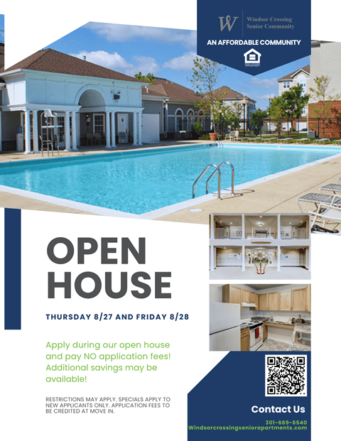 A flyer for an open house event at Windward Crossing Senior Community.