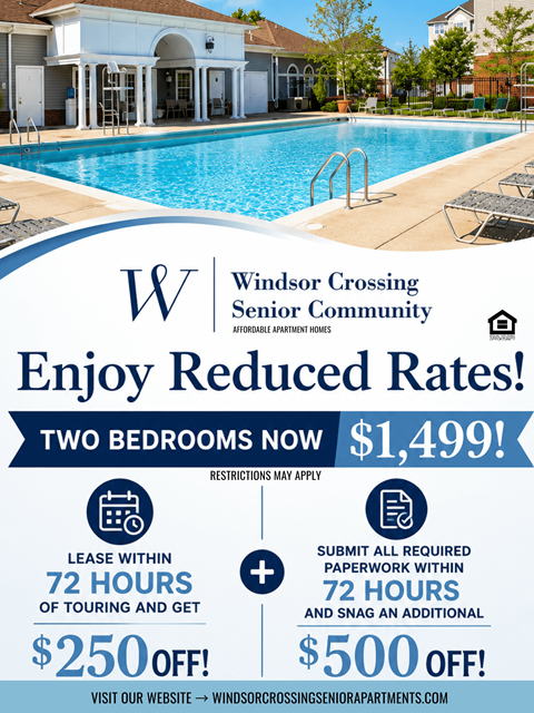 A promotional image for Windsor Crossing Senior Community advertising reduced rates for two bedrooms.