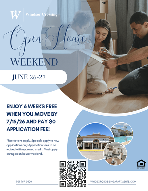 A poster advertises an open house weekend at Windsor Crossing with a special offer.