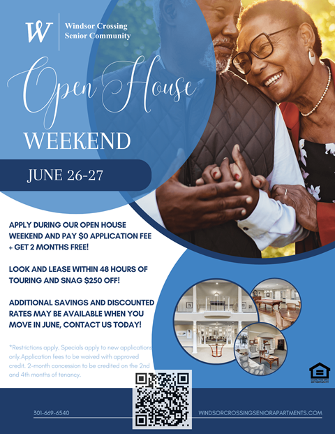 A flyer for an Open House Weekend event at Windson Crossing Senior Community.