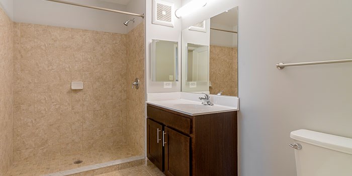 A bathroom with a sink, mirror, and bathtub. at Rainier Manor Apartments, Mount Rainier, MD