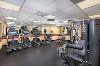 A gym with treadmills, exercise bikes, and weight machines.