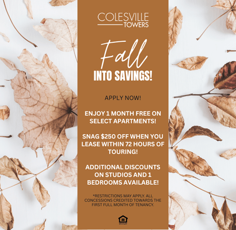 A promotional image for Colesville Towers advertising a fall into savings with a free month on select apartments and a $250 discount on lease within 72 hours of touring.