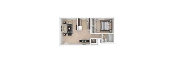 A floor plan of a small apartment with a kitchen, living room, and bathroom.