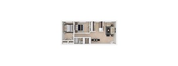 A floor plan of a small apartment with a kitchen, living room, and bathroom.