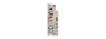 A floor plan of an apartment with a kitchen, living room, and two bedrooms.