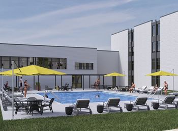 an artist rendering of a pool in front of a building  at The James On Merrimac, Williamsburg, VA 23185