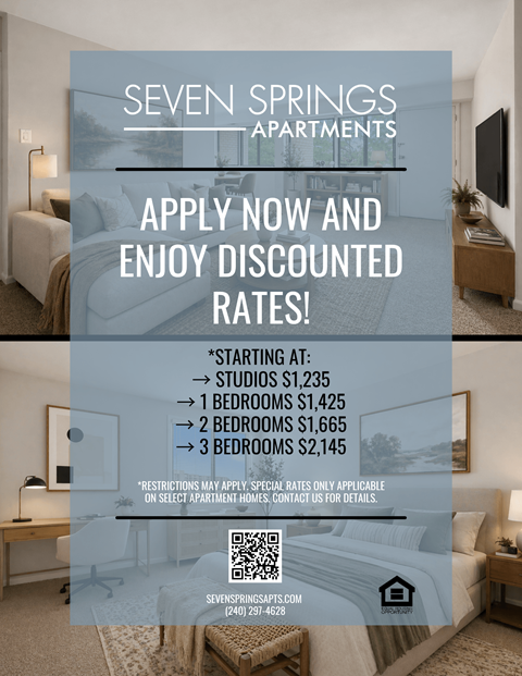 A poster advertising discounted rates for different sized apartments at Seven Springs Apartments.