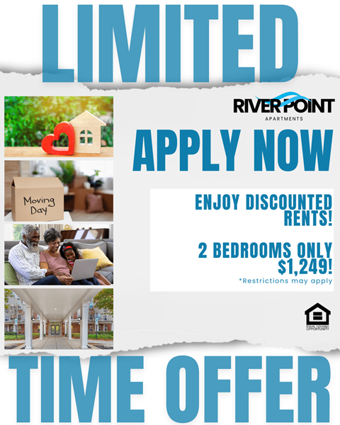 A flyer for River Point Apartments advertising a time offer for discounted rent on a 2 bedroom apartment.