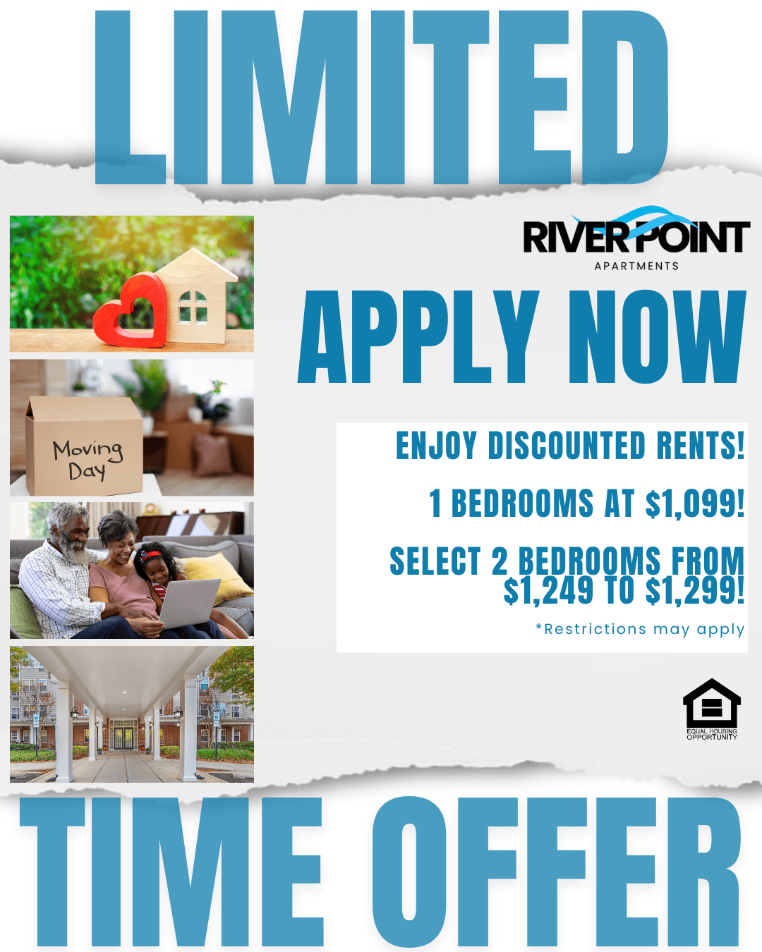A flyer for River Point Apartments advertising a time offer on discounted rent.
