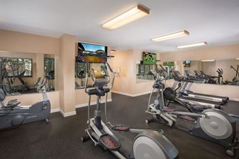 A gym with treadmills, exercise bikes, and a television.