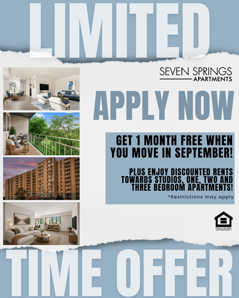 A poster advertising a limited time offer for apartments at Seven Springs Apartments.