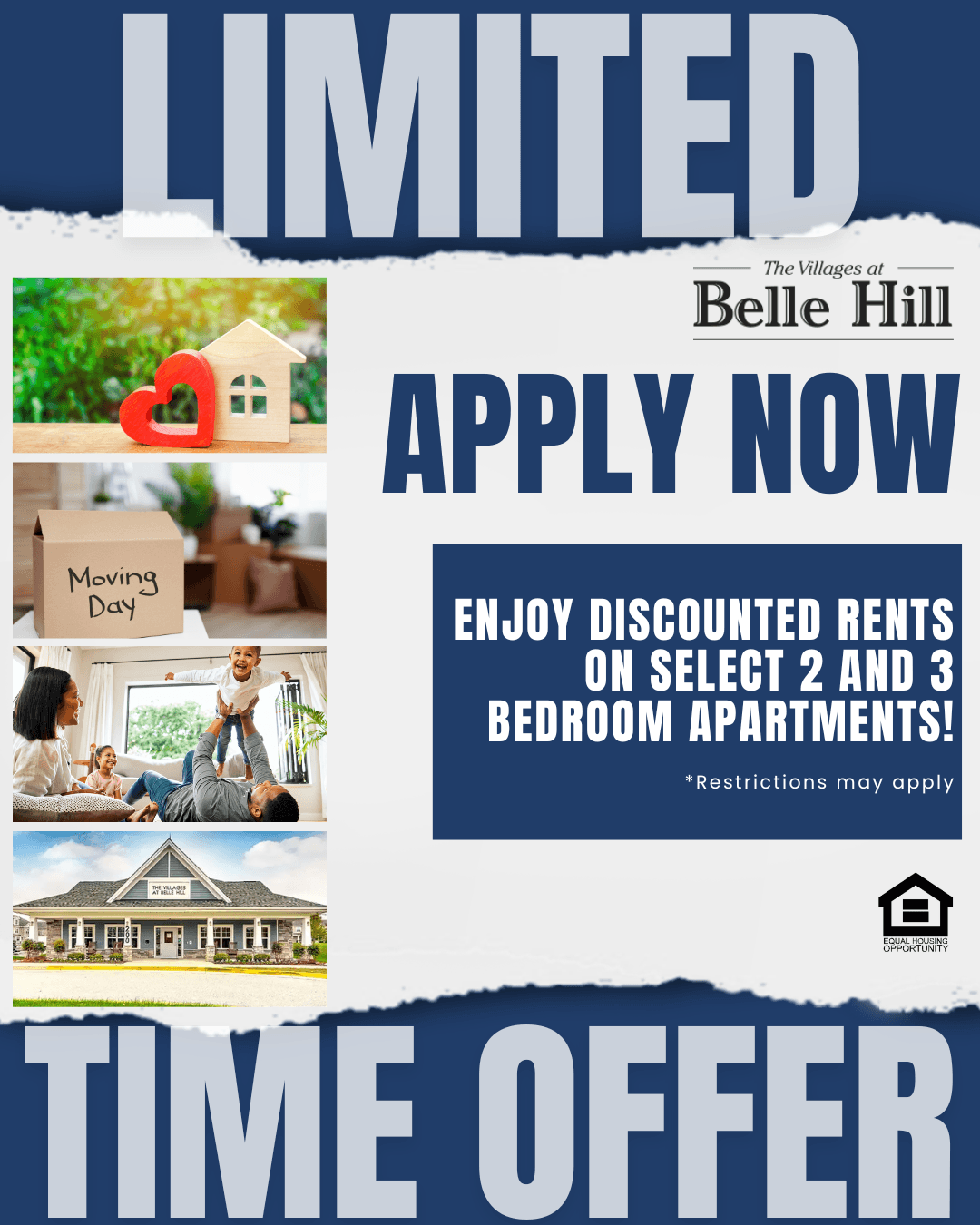 A poster advertising limited time offer for discounted rents on select 2 and 3 bedroom apartments at Belle Hill.
