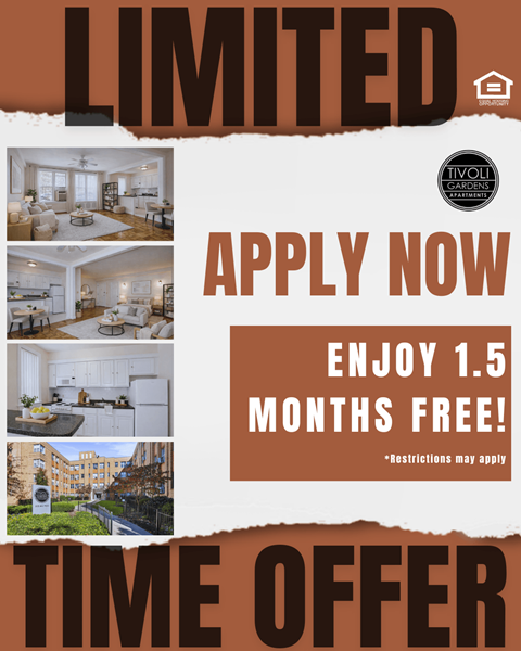 A flyer advertises a limited time offer to apply for a 1.5 months free stay.