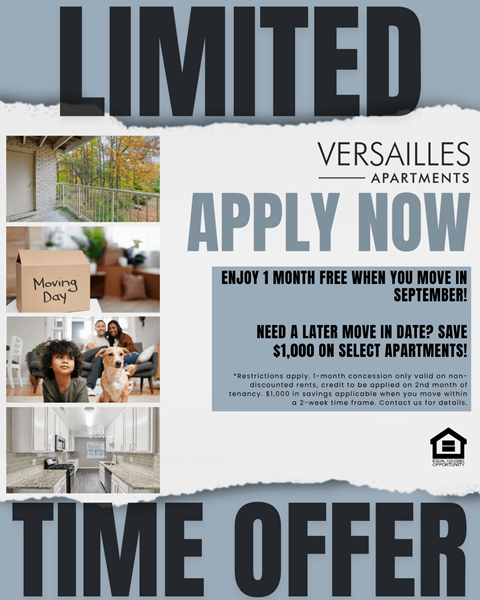 A flyer for Versailles Apartments advertising a limited time offer with various incentives.
