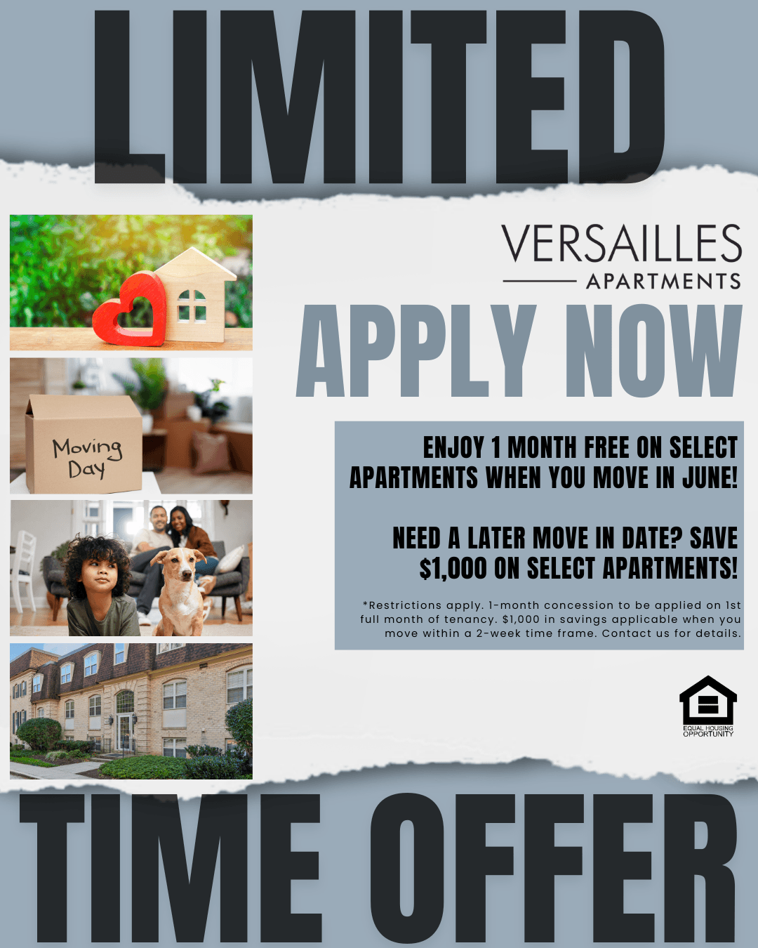 A promotional poster for Versailles Apartments offering a free month and a $1,000 discount for June moves.