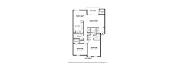 A floor plan of a 1232 square foot home with a living room, dining room, kitchen, two bedrooms, and a balcony.