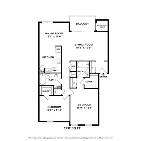 A floor plan of a 1232 square foot home with a living room, dining room, kitchen, two bedrooms, and a balcony.