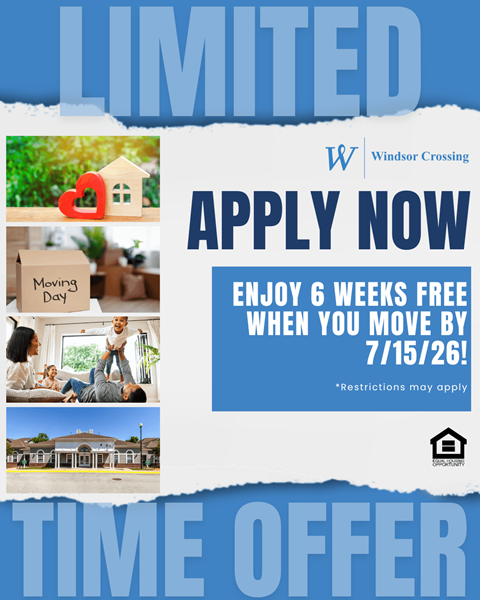 A promotional image for Windsor Crossing advertising a limited time offer for a free 6 weeks when moving by a specific date.