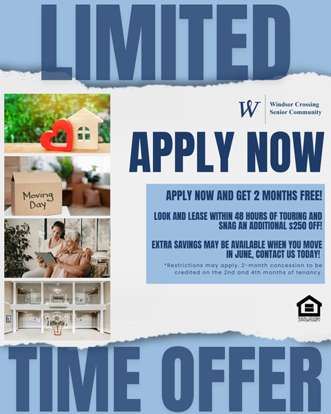 A promotional poster for Windsor Crossing Senior Community advertising a limited time offer to apply and get 2 months free.