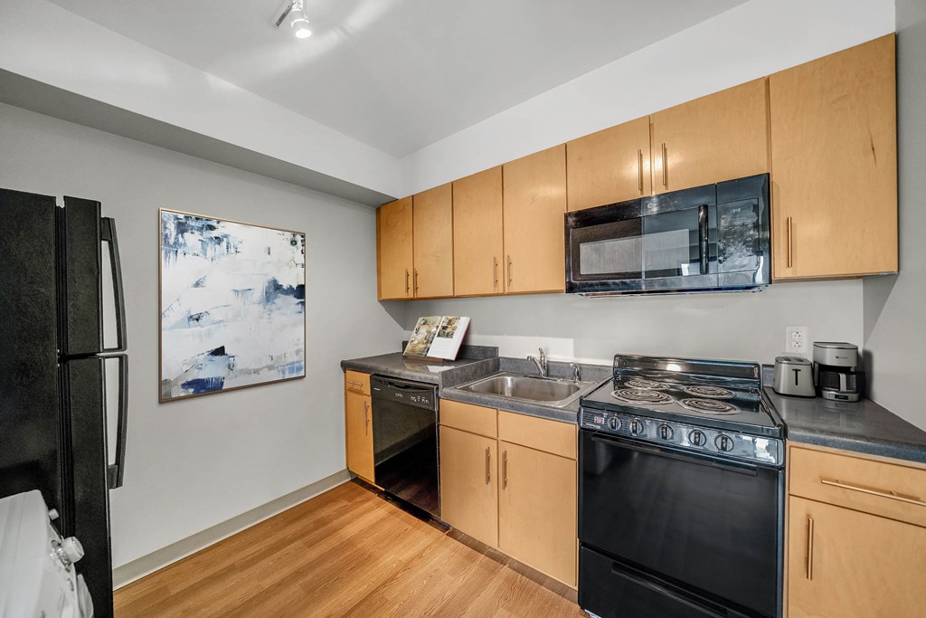 a kitchen with a stove and a sink and a refrigerator