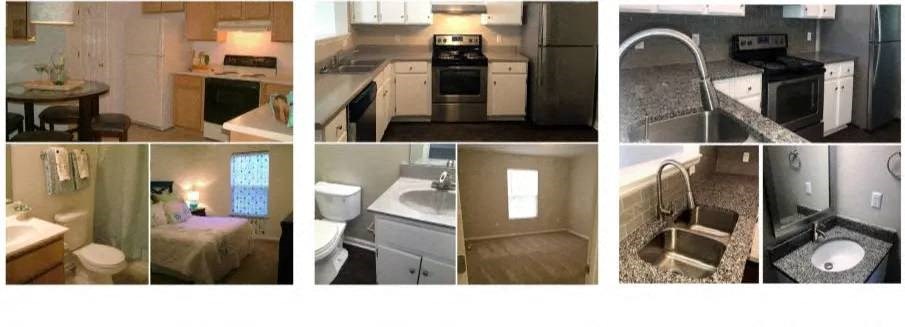 a collage of pictures of a kitchen and a bathroom