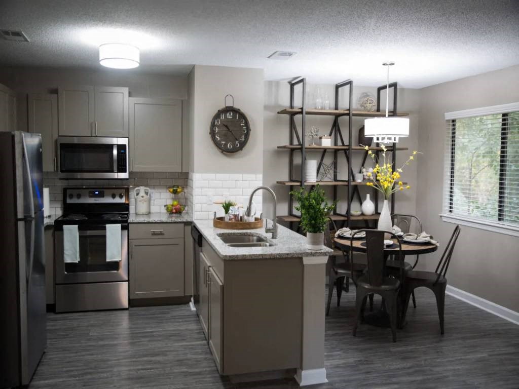 a kitchen and dining room with a clock on the wall